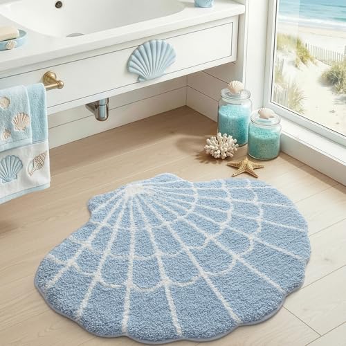 DEXI Seashell Bathroom Rugs Non Slip Washable, 38x30 Ultra Soft Cute Bath Mats for Bathroom Absorbent Quick Dry, Coastal Sea Bathmat for Shower Floor, Tub, Sink, Blue - color: Scallop Blue-large
