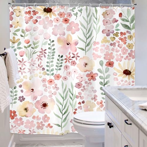 Riyidecor Cute Pink Green Floral Shower Curtain for Bathroom Decor 72Wx72H Spring Boho Kids Girls Girly Watercolor Wildflower Leaves Art Printed Fabric Polyester Waterproof 12 Pack Plastic Hooks - color: A-pink Green, size: 72"W x 72"L (Pack of 1)