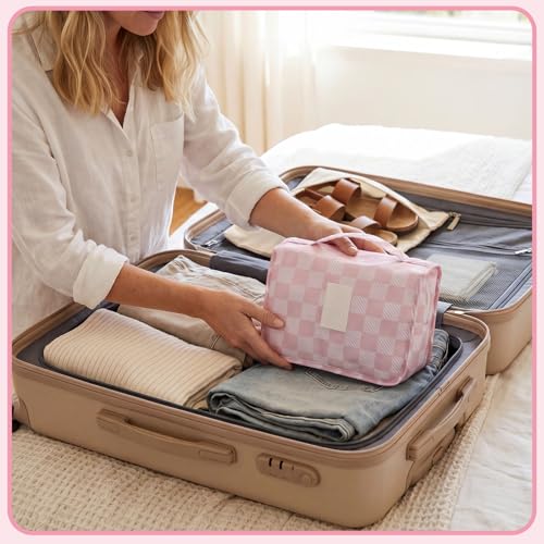 Pengxiaomei Toiletry Bag for Women, Pink Waterproof Hanging Cosmetic Bag Portable Makeup Pouch Multifunction Handle Travel Toiletry Bag for Teen Girl Gifts - color: Pink square