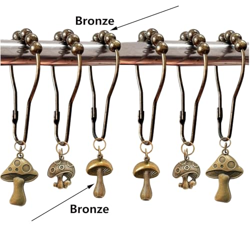 Mushroom Shower Curtain Hooks, 12Pcs Rustproof Metal Cute Retro Mushroom Shower Curtain Hooks Rings for Boho Fairy Forest Country Cottagecore Style Home Bathroom Decor (Set-Bronze) - color: Set-bronze