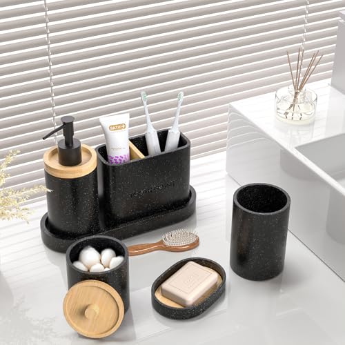 Bathroom Accessories Set Black, 6Pcs Bathroom Accessory Set, Large-Sized Toothbrush Holders Set Black, Soap Dispenser, Vanity Tray, Bathroom Tumbler, Apothecary Jars and a Soap Dish - color: Black