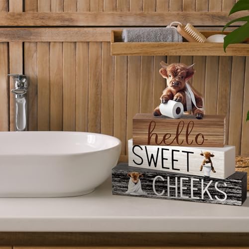 Cinnvoice 4 Pcs Highland Cow Bathroom Decor Farmhouse Bathroom Decoration Western Hello Sweet Cheeks Table Centerpiece Gift for Christmas Valentines Back to School - style: Highland Cow Hello Sweet Cheeks