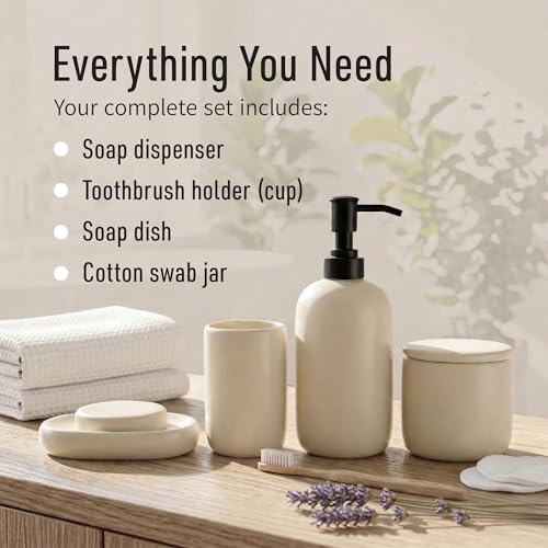Ceramic Bathroom Accessories Set 4 Pcs – Modern Scandinavian Neutral Bathroom Soap Dispenser Set with Toothbrush Holder, Soap Dish & Cup – Minimalist Bathroom Accessory Set Decor - Cream/Light Beige - color: Cream