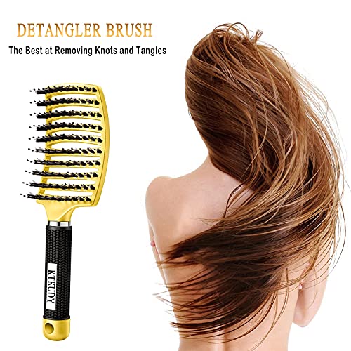 KTKUDY Detangling Brush Boar Bristles Hairbrush Make Hair Shiny & Healthier Curved and Vented Detangler Brush for Women Men Kids Wet and Dry Hair (Yellow) - color: Yellow