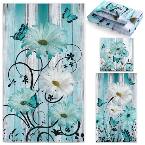 Moukeren Set of 3 Teal Daisy Bath Towels Vintage Floral Themed Bath Towel Hand Towel and Washcloth Soft Turquoise Decorative Towels for Bathroom Kitchen Hotel Gym Spa - style: Teal Daisy