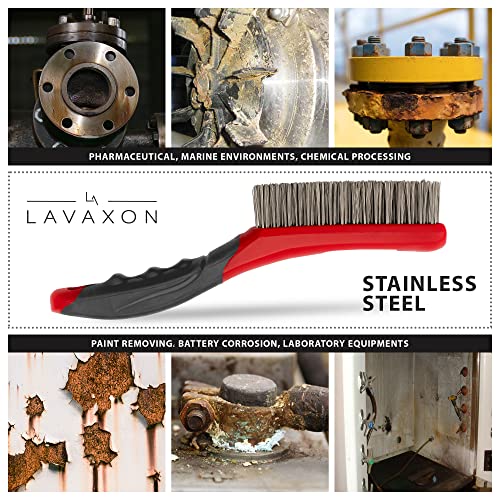 Lavaxon Wire Brush Set-Heavy Duty Stainless & Carbon Steel Bristles with Plastic Handle Grip for Rust, Wielding Slag, Dirt & Paint Scrubbing with Deep Cleaning – 10 Inches, Large (Pack of 2-Red)