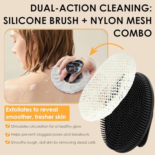 INNERNEED Food-Grade Silicone Body Scrubber Gentle Cleansing Brush with Exfoliating Net Sponge Bath Scrubbing Washcloth Case, More Hygienic and Well Lather (Black Set) - color: (Set4) Blackset