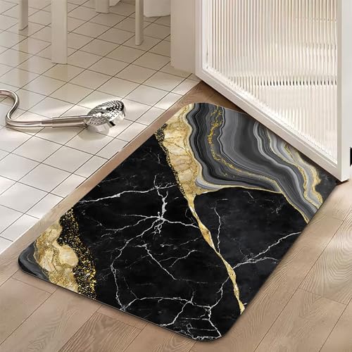 Black Gold Marble Bath Mat,Fast Drying Modern Stylish Bathmats for Bathroom, Non Slip Soft Diatomaceous Bath Rug Bathroom Accessories Thin Doormat for Home Kitchen 17 X 29.5 Inch - color: Black Gold Marble
