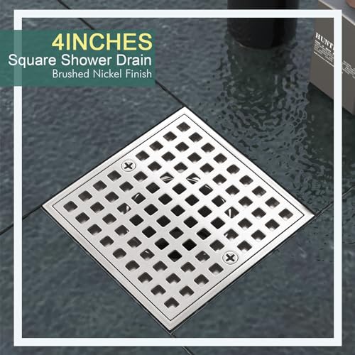 4 Inch Shower Floor Drain with Flange - Square Shower Drain with Hair Strainer - Removable Grid Strainer Cover - SUS304 Stainless Steel - Brushed Nickel - color: Brushed Nickel