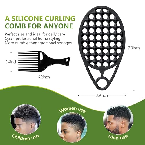KOUPA Silicone Afro Twist Brush with Pick Comb - Easy Clean Dual-Sided Design with Textured Holes for Defined Afro Curls, Suitable for Coily Hair Men & Women, Black - color: Black