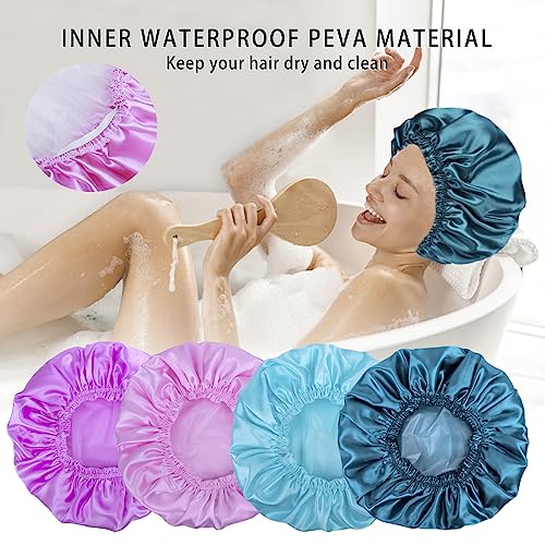 Shower Caps for Women, 4 PCS Elastic and Reusable Bath Caps, Double Waterproof Layers Shower Cap, Bathing Shower Caps, Environmental Protection Hair Bath Hat - Solid Color - color: Solid Color 4 PCS/Set