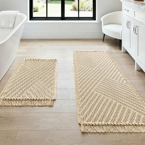 H.VERSAILTEX Waffle Bath Mat Super Absorbent Boho Bath Mat Non Slip Bath Rugs for Bathroom Floor Machine Washable Dry Fast Bathroom Rugs with Tassels (47 x 17 Plus 17 x 24 Inches, Vanilla) - color: Vanilla, size: 47" x 17" Plus 17" x 24"