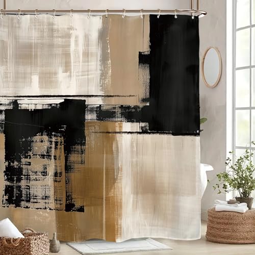 Miyotaa Abstract Minimalist Modern Shower Curtain Set 60Wx71H Inches Black Tan Neutral Contemporary Brushstroke Art Waterproof Bathroom Curtain with 12 Hooks - color: Black Tan, size: 60"W x 71"L (Pack of 1)