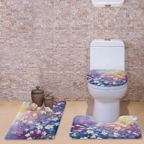 Daisy Print 3 Piece Bathroom Rug Set Soft Contour Rug + Toilet Lid Cover + Bath Mat Toilet Seat Cover with Lid Cover Toilet Seat Cover and Rug Set Toilet Seat Cover Set with Easy Cleaning - color: Daisy Print