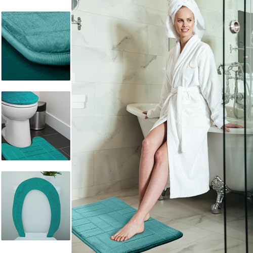 Bathroom Rug Set 5 Piece - Memory Foam Bathroom Mat Set, Soft and Comfortable, Non-Slip Thick Absorbent Bath Mats, Machine Washable, Aqua Teal - color: Aqua Teal/ Line Design