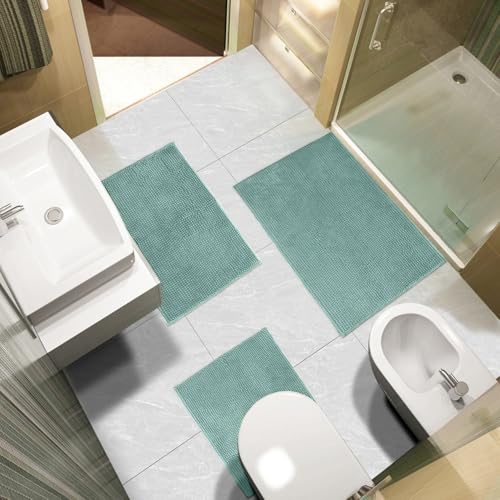 Urvoix Bathroom Rugs Sets 3 Piece, Non-Slip Chenille Bath Rug - Ultra Soft, Washable, Super Absorbent Bath Mat for Bathroom, Toilet and Tub (Aqua Sea) - color: Aqua Sea
