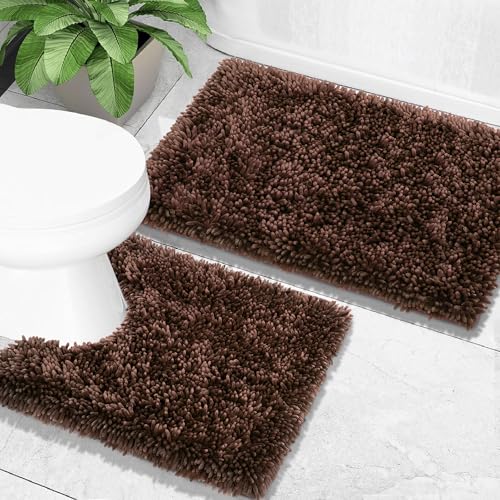 Yimobra Bathroom Rugs Sets 2 Piece, Soft Absorbent Bath Mat and U-Shaped Toilet Rug with Non Slip Backing, Luxury Shaggy Bath Mats for Bathroom, Machine Washable, 31.5"x20"+24"x20", Brown - color: Brown, size: 31.5x20 + 24x20 Inch
