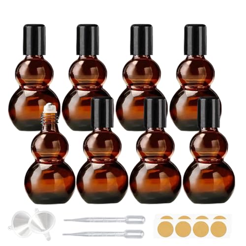 Essential Oil Roller Bottles, 20ml Amber Gourd Shaped Glass Roller Bottles with Stainless Steel Roller Ball, for Travel,Perfume (Amber-Black Cap, 20ML) - color: Amber-Black Cap, size: 20ML