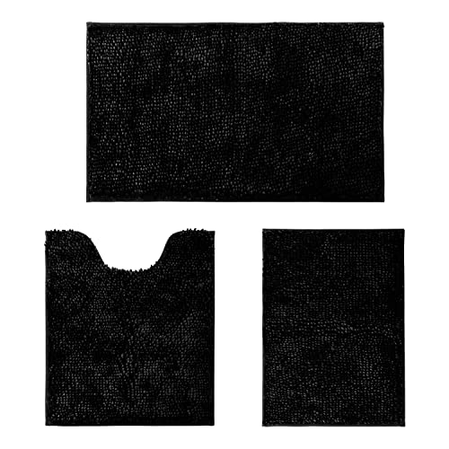 HOMEIDEAS Black Bathroom Rugs Sets 3 Piece, Butter Chenille Rugs and Mats, Shaggy, Absorbent, Non Slip, Luxury, Shiny, Washable Bath Mat for Bathroom, Shower - color: Black, size: 17"x24"+20"x32"+U Shape 20"x24"