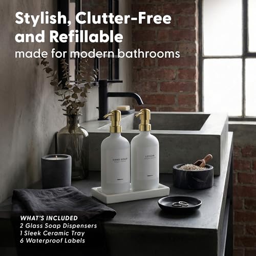 MaisoNovo Soap and Lotion Dispenser Set - Bathroom Soap Dispenser Set with White Soap Dispenser, Gold Pumps & Ceramic Tray - color: White Bottles/ Golden Pumps/ White Ceramic Tray