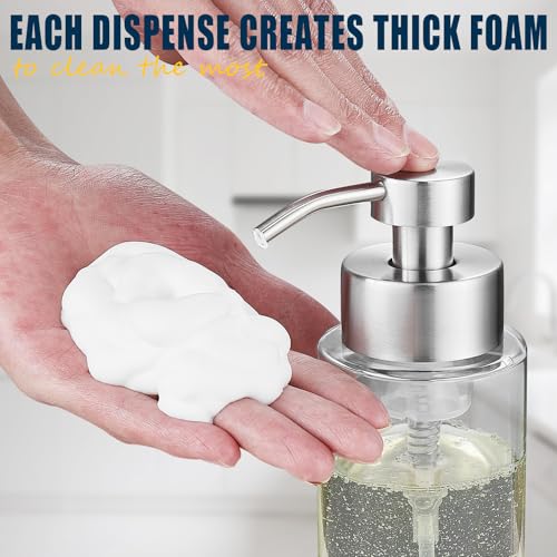 Glass Foaming Hand Soap Dispenser, 10 oz Easy Refill Glass Soap Dispenser, Foam Dispenser with Stainless Steel Pump & Waterproof Labels, Clear Foam Soap Bottle for Bathroom Countertop - color: Brushed Nickel Foam 1pc