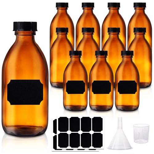 8 OZ / 250 ML Amber Glass Bottles for Vanilla Extract, 12 Pack | Leakproof, Empty Refillable Dispensing Bottles with Lids, for 2nd Fermentation, Kombucha Brewing, Homemade Solutions