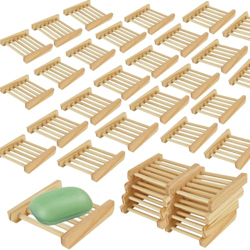 60 PCS Bamboo Soap Dish for Shower 3.3x3.5x0.7 Inch Wooden Soap Holder Self Draining Bamboo Soap Holder Handmade Wooden Soap Dish for Bar Soap Wood Soaps Tray for Bathroom, Shower, Kitchen - color: Wood