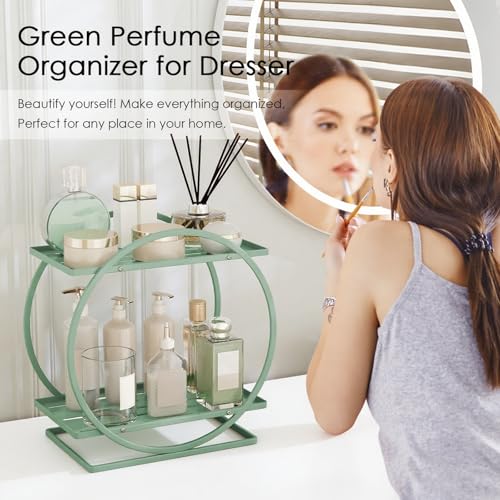 Perfume Organizer for Dresser, 2-Tier Bathroom Counter Organizers, Elegant Round Makeup Organizer for Vanity, Bathroom Organizer Countertop Shelf, Perfume Tray Skincare Storage (Green) - color: Green