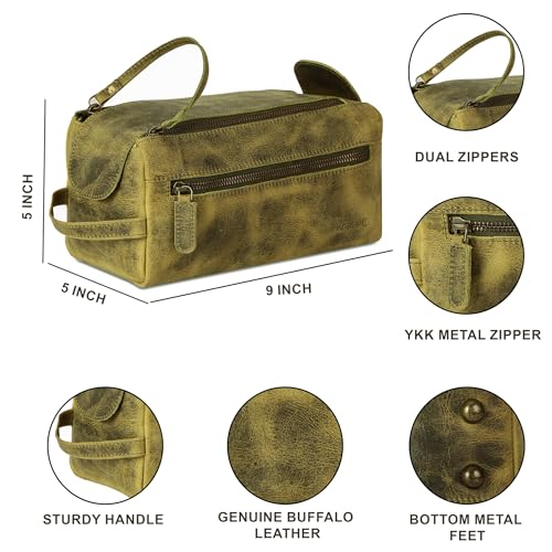 KomalC Premium Buffalo Leather Toiletry Bag for Men & Women With Water resistant Lining, Grooming Travel Pouch, Unisex Wash Bag for Toiletries, Gifts for Men and Women - color: Distressed Green Tan
