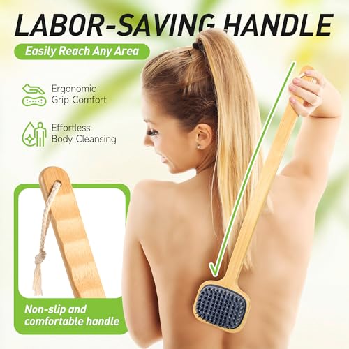 NURENDER Dual-Sided Back Scrubber for Shower, 21.65'' Long Handle Back Brush, Soft Silicone for Sensitive Skin, Dry Brushing & Back Cleansing, Dry Quickly Body Bath Brush for Men, Women, Elderly - size: 21.65 Inch