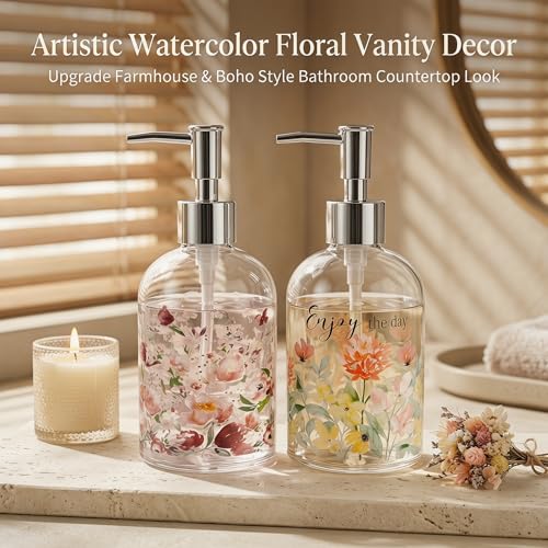 Topadorn Glass Soap Dispenser Set of 2, 17oz Refillable Hand & Dish Soap Dispensers with Pump, Floral Kitchen Soap Bottles with Enjoy the Day Design for Bathroom Counter - color: Soft Pink Flower