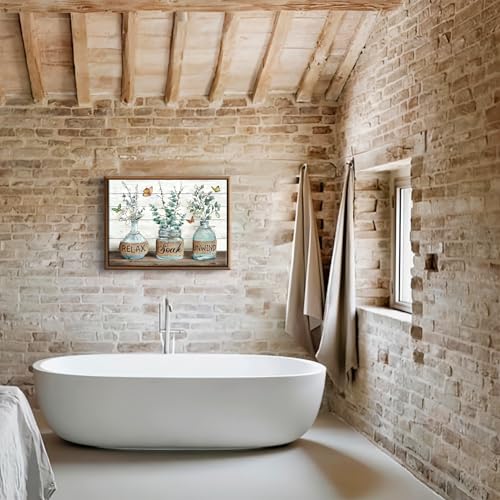 BJVJKSU Framed Farmhouse Bathroom Wall Art Rustic Green Botanical Bathroom Canvas Wall Decor Relax Soak Unwind Painting Print Eucalyptus Butterfly Picture Artwork Decor(16x24in) - color: Green framed, size: 24"L x 16"W