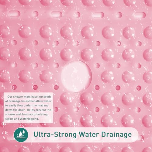 Large Square Shower Mat 27 x 27 Inch Pink, Non Slip Shower Bathtub Mats for Inside Shower with Big Suction Cups Drain Holes, Anti Slip Bathroom Floor Shower Stall Mats, Easy Clean, BPA-Free - color: Pink