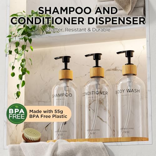 Shampoo and Conditioner Dispenser Set,Shower Soap Dispenser for Bathroom,Refillable Shampoo and Conditioner Bottles with Bamboo Pump and Tray,Soap Dispenser Bathroom for Shower (Transparent, 3-Pack) - color: Transparent