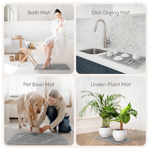 Stone Bath Mat Quick-Dry Absorbing Diatomaceous Earth Bath Mat | 2 Stone Mats - Large & Small Mat for Bathroom | Anti-Slip Diatomaceous Bathmat 100% Natural Bathroom Rug Stones (Gray Marble) - color: Gray Marble
