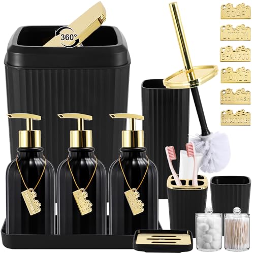 17PCS Bathroom Accessories Bathroom Set Black Bathroom Accessories,Toilet Brush, Trash Can, Qtip Holder Dispenser& 3PCS Soap Dispenser - size: Bath Set with Swing-Top Trash Can, style: Black