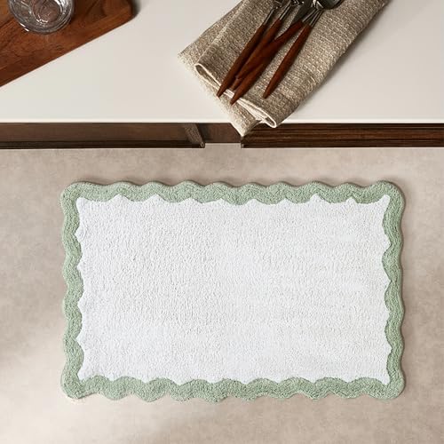 Cotton Scalloped Bathmat with Antiskid 20"x32" SAGE Green – 100% Cotton Scalloped Bath Mat, Anti Skid, Soft & Absorbent Bathroom Rug for Shower, Tub & Entryway - color: Sage Green, size: 1'8" x 2'8" (Rectangular)