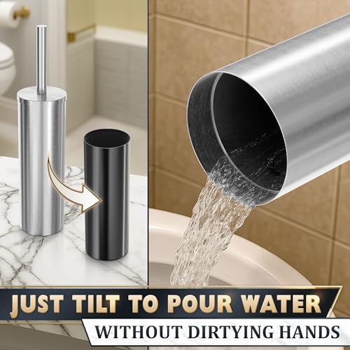 Stainless Steel Toilet Brush and Holder Set, Splash Guard (Silver) | Toilet Bowl Brush and Holder, Removable Inner Bowl, Dense Bristles, Long Handle, Scratch Resistant, for Modern Bathrooms - color: Silver
