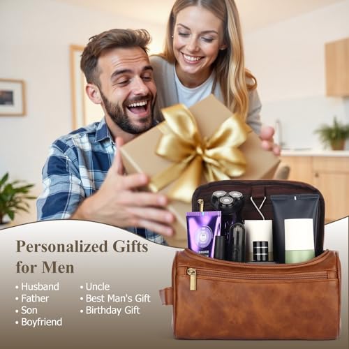 OXYEFEI Personalized Toiletry Bag for Men,Personalized Gifts for Men,Engraved Initial PU Leather Mens Toiletry Travel Shaving Travel Essentials Toiletries Bag for Him Birthday (E, Light Brown) - color: Light Brown, style: E