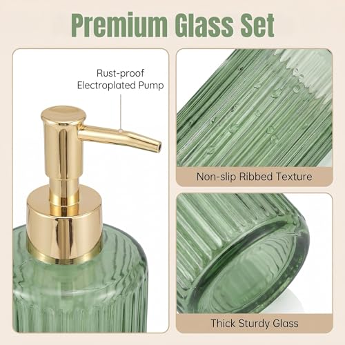 Bathroom Soap Dispenser & Toothbrush Holder Set 4Pcs Green Glass | Bathroom Accessories Set Includes Soap dispenser, Toothbrush holder & Qtip holders, Modern Bathroom Decor, Housewarming gift - style: 4 pcs Green
