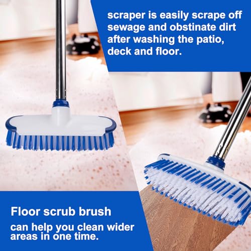 Floor Scrub Brush with Long Handle, 2 in 1 Deck Scrub Brush, Stiff Bristle Scrub Broom & Cleaning Brush for Tile Floor,Deck,Patio,Marble,Garage,Wall, Kitchen,Bathroom - size: 10"