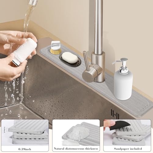 Stone Faucet Mat for Kitchen Sink, 15.7" Diatomite Drying Stone Mat Sink Protector Super Absorbent, Kitchen Sink Splash Guard, Sink Stone Quick Dry Around Faucet for Kitchen Bathroom Counter - size: 15.7" x 3.9"