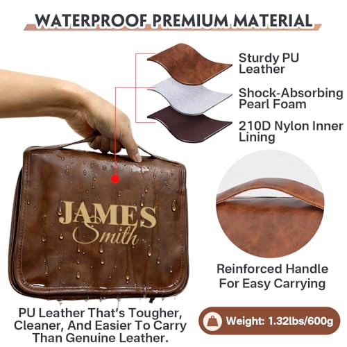 personalized 3-in-1 PU Leather Toiletry Bag For Men custom engraved Large hanging travel toiletry bag - personalized gifts for dad, brother, grandpa, husban (Dark-Brown) - color: Dark-Brown