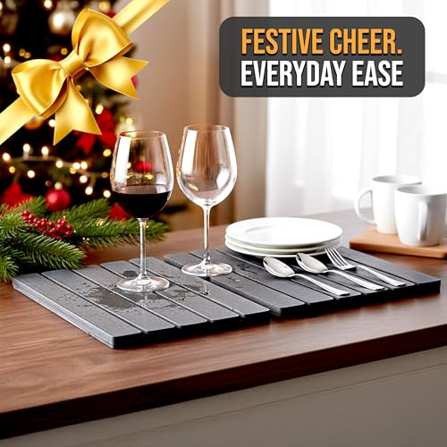 Large Foldable Stone Dish Drying Mat – Diatomaceous Earth, 12"x16" Each or 24"x16" Combined – Fast Dry, Anti-Slip Pad, Sanding Tool & Instruction Manual for Kitchen, Bathroom or RV (2-Pack)