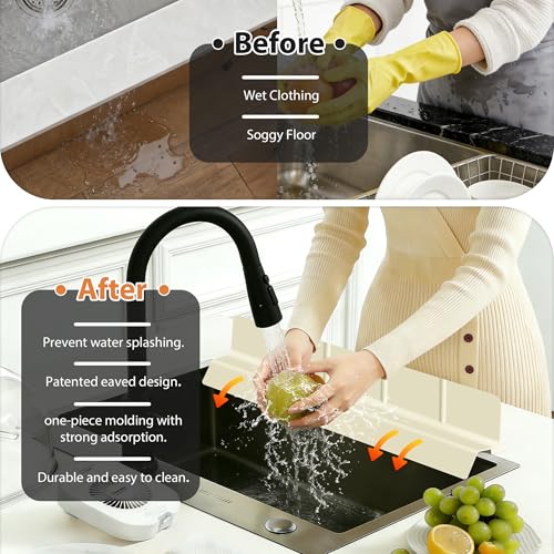 23Inch Sink Splash Guard – Extended Length & Tall Silicone Kitchen Sink Splash Guard with Overhang Drainage Design, High Splash Wall & Strong Suction Cups for Countertop (White, 23''x3.5'') - color: White, size: 23''x3.5''