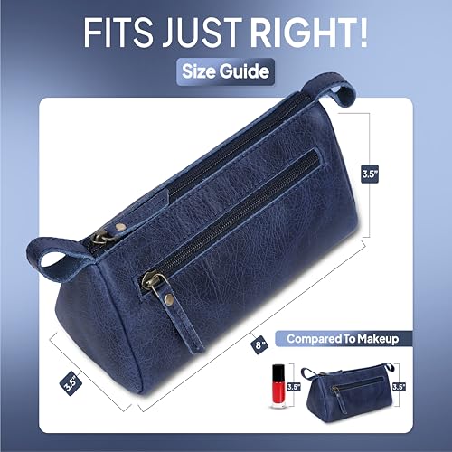 Leather Makeup Bag for Women – Genuine Leather Cosmetic Bag Travel, Handmade Zippered Makeup Pouch, Small Toiletry Bag, Shaving Kit & Stationery Organizer- Blue - color: Blue