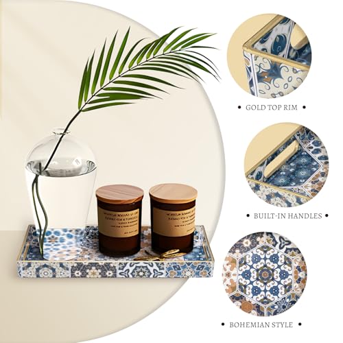 MAONAME Plastic Vanity Tray, Bathroom Counter Tray, Decorative Trays with Handles, Storage Dresser Trays Organizer for Toilet Tank, Jewelry, Makeup, 13.8" x 6" x 1.57" - color: Bohemian-7