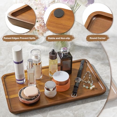 Acacia Wood Bathroom Vanity Tray, 14 Inch Wooden Decorative Tray for Toilet Tank, Kitchen Counter, Coffee Bar, Makeup, Perfume, Candles, Snacks and Home Decor - size: 14 Inch