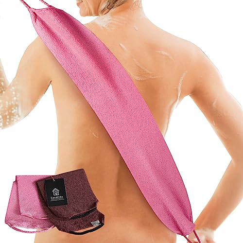 Exfoliating Back Scrubber for Shower, Pink + Wine Red, 2 Pack | Nylon Bath Towel Washer, Exfoliating Washcloth, Japanese Stretchable Strap, Body Exfoliation - color: ['Wine Red', 'Pink']