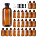 24 Pack 4 oz Amber Boston Glass Bottle with Black Poly Cap, Funnel, Chalk Labels, Pen for Homemade Vanilla Extract, Essential Oils, Wedding, Christmas, Holiday Gift - size: 4oz 24Pack